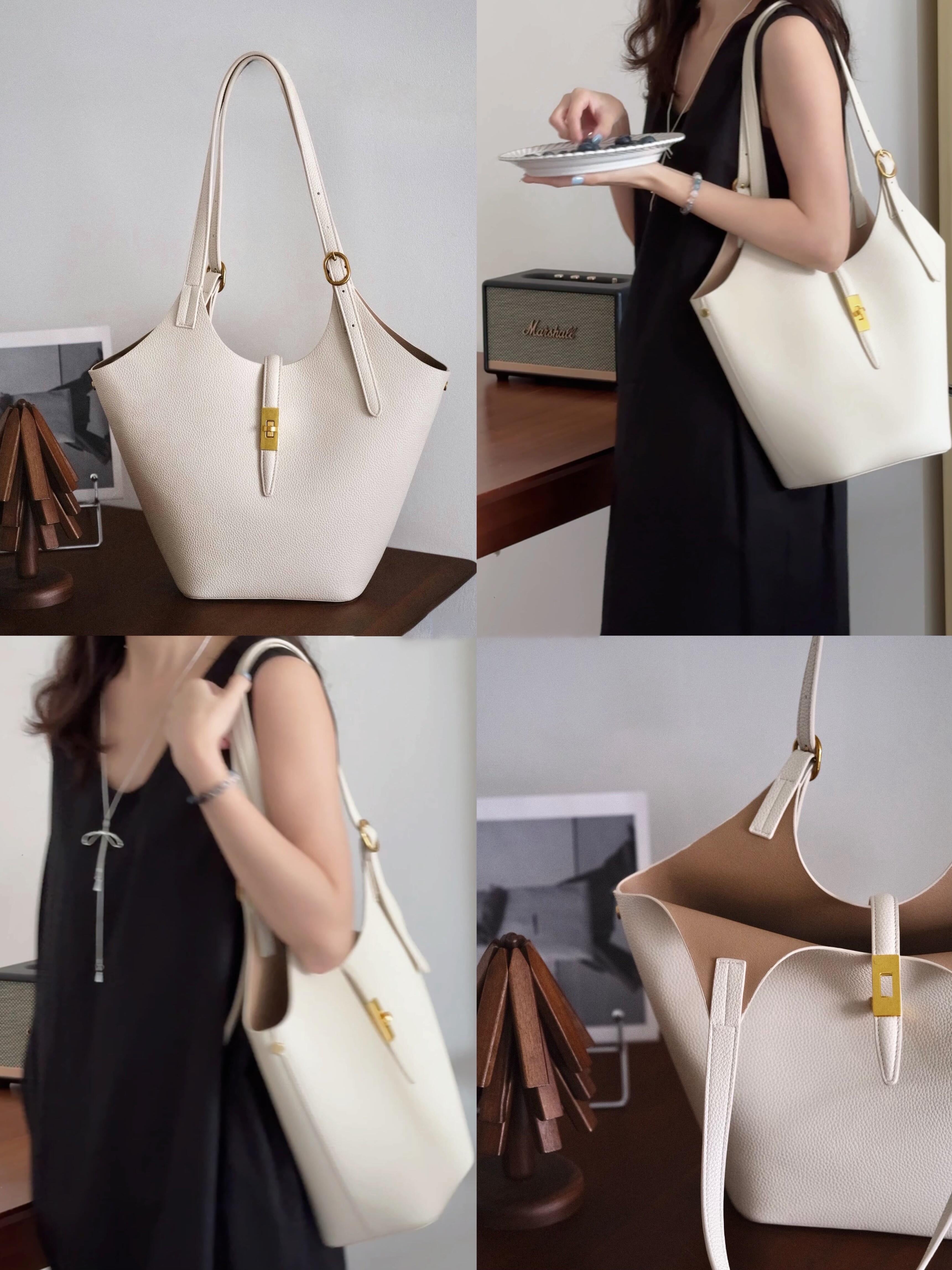 Minimalist Pebbled Leather Tote Bag with Pouch | Large Shoulder Laptop Bucket Bag (2 In 1)