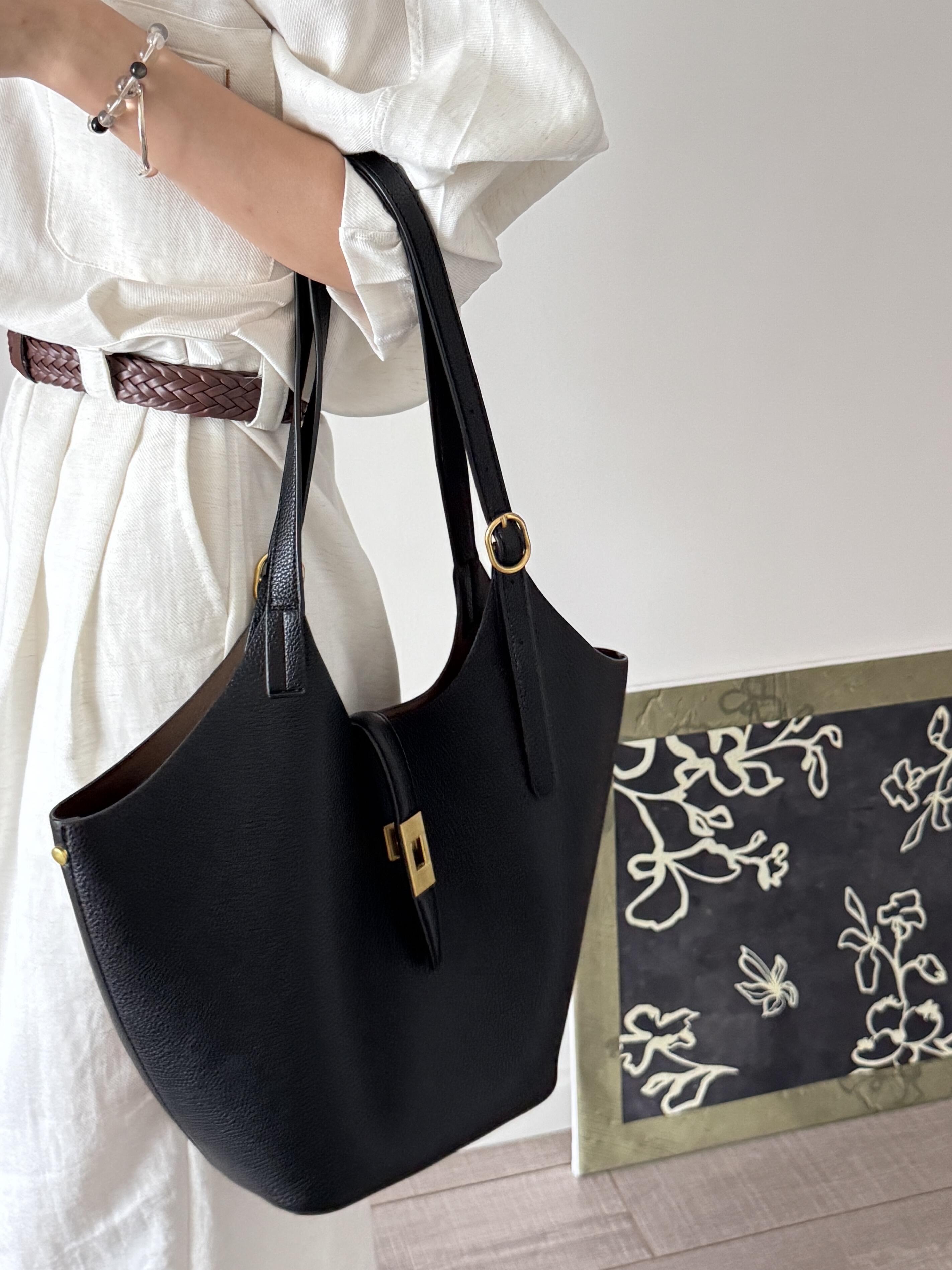 Minimalist Pebbled Leather Tote Bag with Pouch | Large Shoulder Laptop Bucket Bag (2 In 1)