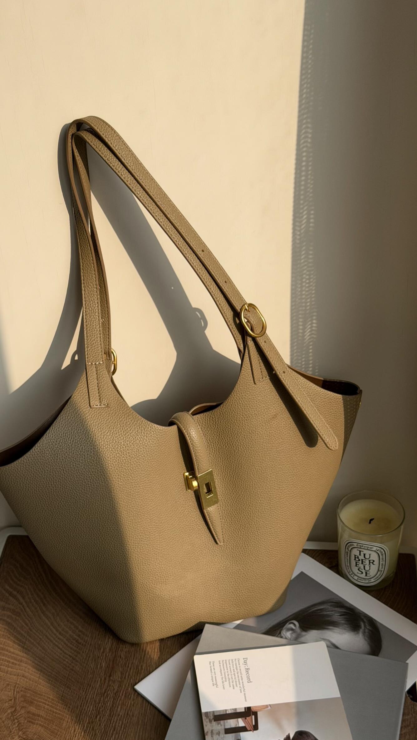 Minimalist Pebbled Leather Tote Bag with Pouch | Large Shoulder Laptop Bucket Bag (2 In 1)