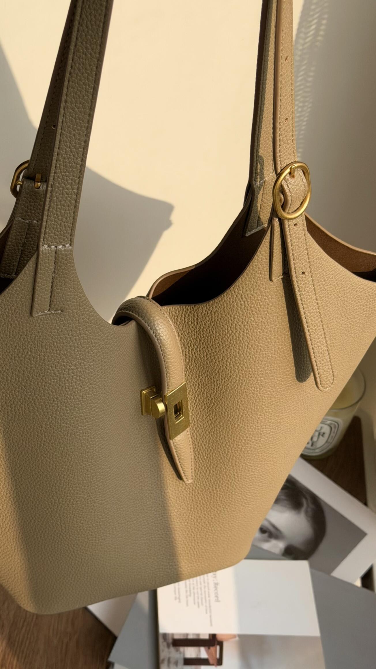 Minimalist Pebbled Leather Tote Bag with Pouch | Large Shoulder Laptop Bucket Bag (2 In 1)