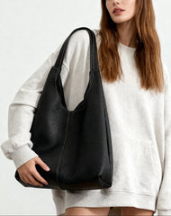 Minimalist Togo Cowhide Leather Hobo Tote: Handcrafted Leather Slouchy Bucket Bag
