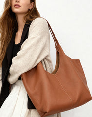 Minimalist Togo Cowhide Leather Hobo Tote: Handcrafted Leather Slouchy Bucket Bag