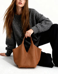 Minimalist Togo Cowhide Leather Hobo Tote: Handcrafted Leather Slouchy Bucket Bag