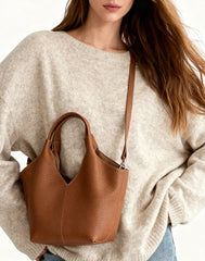 Minimalist Togo Cowhide Leather Hobo Tote: Handcrafted Leather Slouchy Bucket Bag