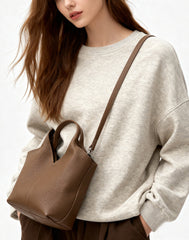 Minimalist Togo Cowhide Leather Hobo Tote: Handcrafted Leather Slouchy Bucket Bag