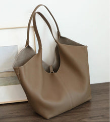Minimalist Togo Cowhide Leather Hobo Tote: Handcrafted Leather Slouchy Bucket Bag