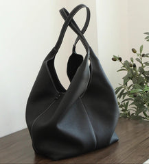 Minimalist Togo Cowhide Leather Hobo Tote: Handcrafted Leather Slouchy Bucket Bag