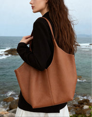 Minimalist Togo Cowhide Leather Hobo Tote: Handcrafted Leather Slouchy Bucket Bag