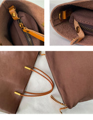 Minimalist Vintage  Cowhide Leather Bucket Bag,  HandmadeTote Shoulder Bag for Women, Elegant Everyday & Wedding Purse