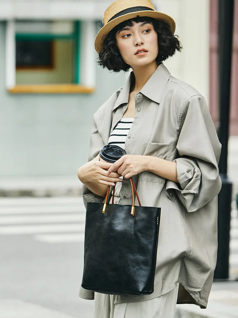 Minimalist Vintage  Cowhide Leather Bucket Bag,  HandmadeTote Shoulder Bag for Women, Elegant Everyday & Wedding Purse