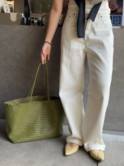 Summer Handwoven Cowhide Leather Tote Bag, Large Soft Slouchy Shoulder Bag, Lightweight Travel & Commuter Fashion Shopper Bag For Women