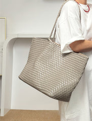 Summer Handwoven Cowhide Leather Tote Bag, Large Soft Slouchy Shoulder Bag, Lightweight Travel & Commuter Fashion Shopper Bag For Women