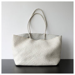 Summer Handwoven Cowhide Leather Tote Bag, Large Soft Slouchy Shoulder Bag, Lightweight Travel & Commuter Fashion Shopper Bag For Women