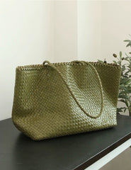 Summer Handwoven Cowhide Leather Tote Bag, Large Soft Slouchy Shoulder Bag, Lightweight Travel & Commuter Fashion Shopper Bag For Women