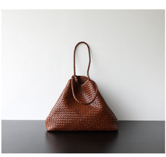 Summer Handwoven Cowhide Leather Tote Bag, Large Soft Slouchy Shoulder Bag, Lightweight Travel & Commuter Fashion Shopper Bag For Women