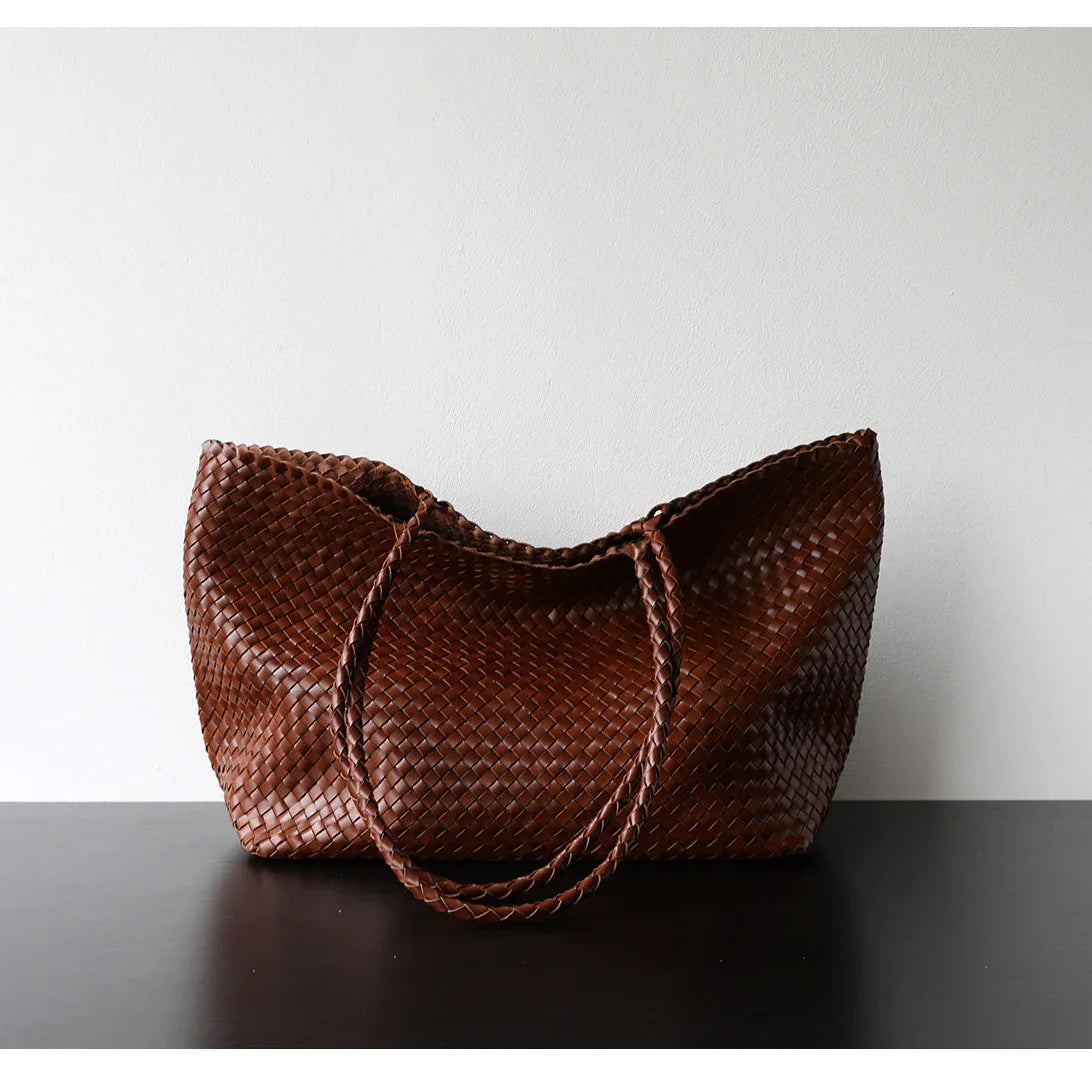 Summer Handwoven Cowhide Leather Tote Bag, Large Soft Slouchy Shoulder Bag, Lightweight Travel & Commuter Fashion Shopper Bag For Women