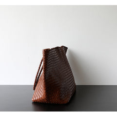 Summer Handwoven Cowhide Leather Tote Bag, Large Soft Slouchy Shoulder Bag, Lightweight Travel & Commuter Fashion Shopper Bag For Women