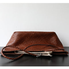 Summer Handwoven Cowhide Leather Tote Bag, Large Soft Slouchy Shoulder Bag, Lightweight Travel & Commuter Fashion Shopper Bag For Women