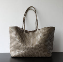 Summer Handwoven Cowhide Leather Tote Bag, Large Soft Slouchy Shoulder Bag, Lightweight Travel & Commuter Fashion Shopper Bag For Women