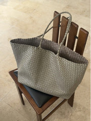 Summer Handwoven Cowhide Leather Tote Bag, Large Soft Slouchy Shoulder Bag, Lightweight Travel & Commuter Fashion Shopper Bag For Women