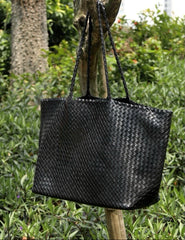 Summer Handwoven Cowhide Leather Tote Bag, Large Soft Slouchy Shoulder Bag, Lightweight Travel & Commuter Fashion Shopper Bag For Women