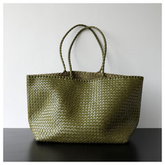 Summer Handwoven Cowhide Leather Tote Bag, Large Soft Slouchy Shoulder Bag, Lightweight Travel & Commuter Fashion Shopper Bag For Women