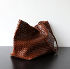 Summer Handwoven Cowhide Leather Tote Bag, Large Soft Slouchy Shoulder Bag, Lightweight Travel & Commuter Fashion Shopper Bag For Women