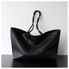 Summer Handwoven Cowhide Leather Tote Bag, Large Soft Slouchy Shoulder Bag, Lightweight Travel & Commuter Fashion Shopper Bag For Women