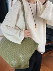 Summer Handwoven Cowhide Leather Tote Bag, Large Soft Slouchy Shoulder Bag, Lightweight Travel & Commuter Fashion Shopper Bag For Women