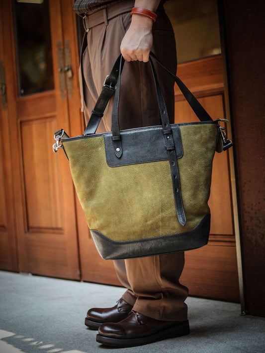 Nubuck Full Grain Leather Tote Bag | Men's Large Color-Block Shoulder & Crossbody Bag