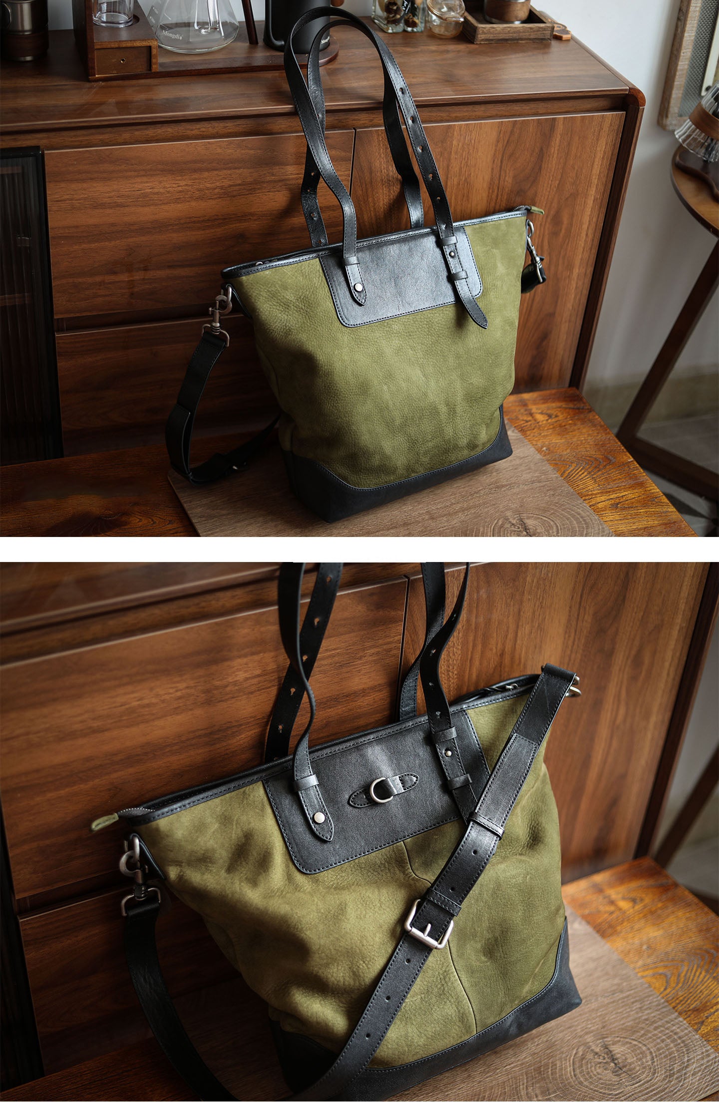 Nubuck Full Grain Leather Tote Bag | Men's Large Color-Block Shoulder & Crossbody Bag