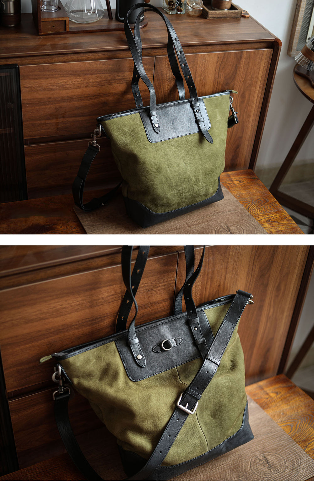Nubuck Full Grain Leather Tote Bag | Men's Large Color-Block Shoulder & Crossbody Bag