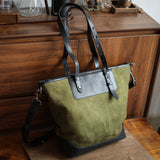Nubuck Full Grain Leather Tote Bag | Men's Large Color-Block Shoulder & Crossbody Bag