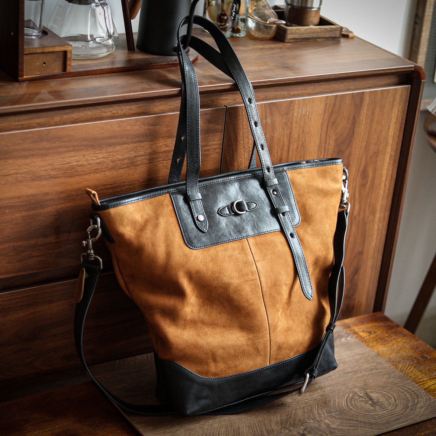 Nubuck Full Grain Leather Tote Bag | Men's Large Color-Block Shoulder & Crossbody Bag