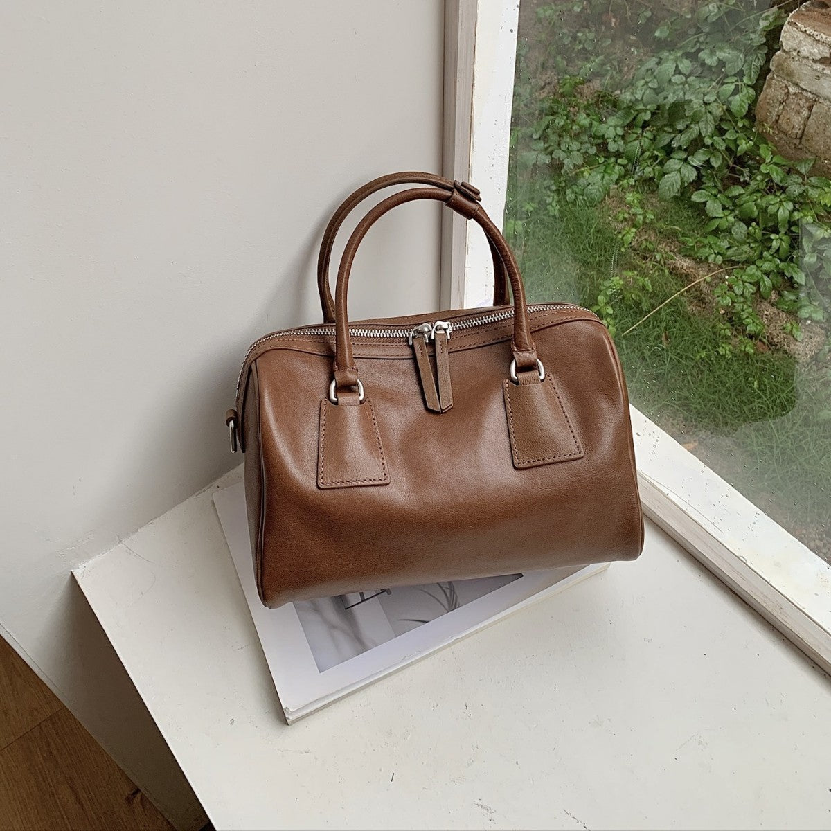 Women's Vegetable-Tanned Cowhide Leather Boston Bag | Vintage Pillow Tote | Top Handle Shoulder Crossbody Handbag in Two Sizes