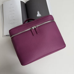 Luxury Full Grain Leather Cosmetic Purse with Mirror | Makeup Organizer & Travel Cosmetic Bag with Handle | Toiletry Case for Women & Men