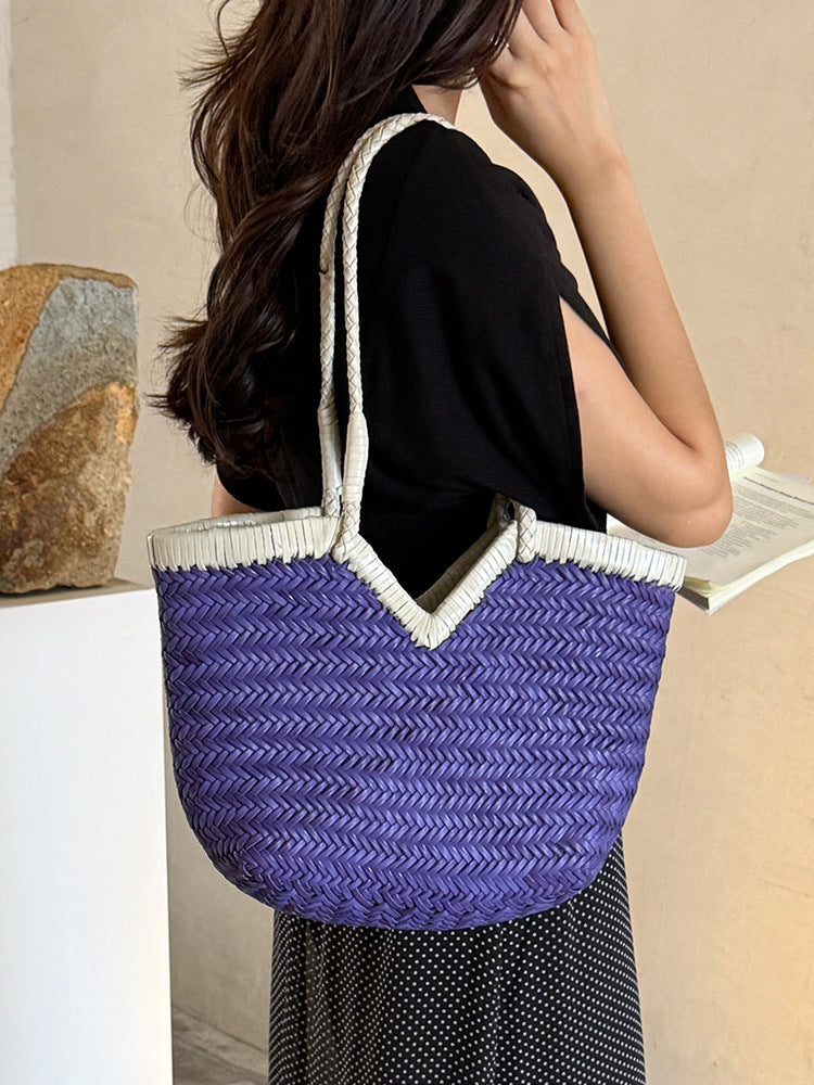 Handwoven Full Grain Cowhide Leather Basket Tote | V-Cut Rim Leather Shoulder Bag | Summer Beach Bag in Two Sizes