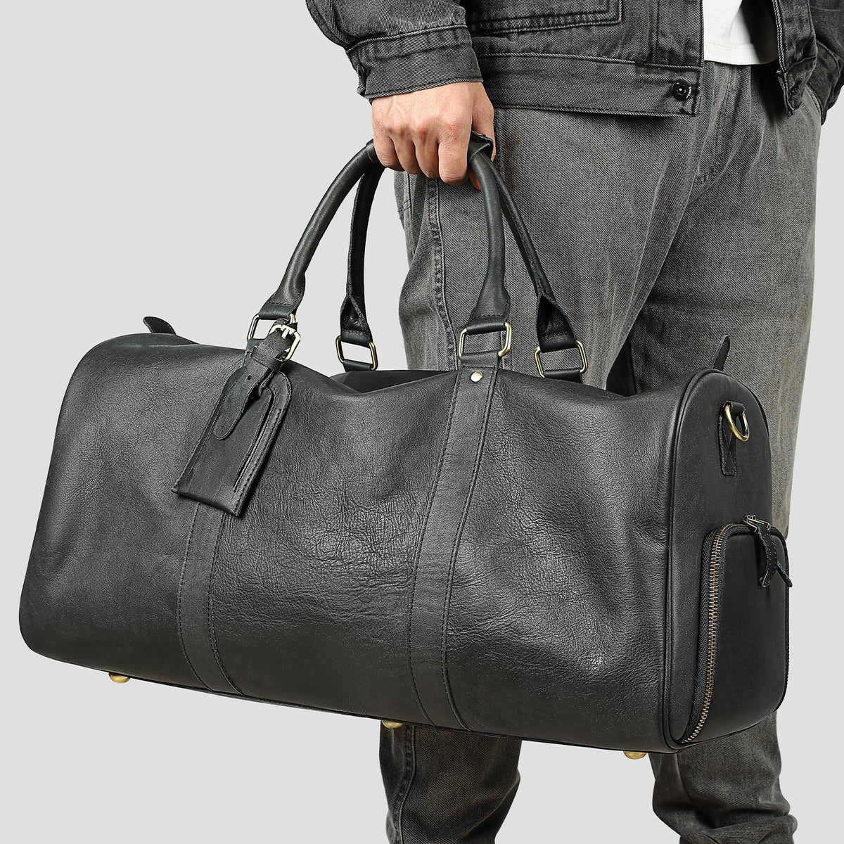 Men's Leather Travel Duffel Bag - Grain Leather Gym Bag with Shoe Compartment, Handheld and Crossbody Carry, Large Weekender Bag
