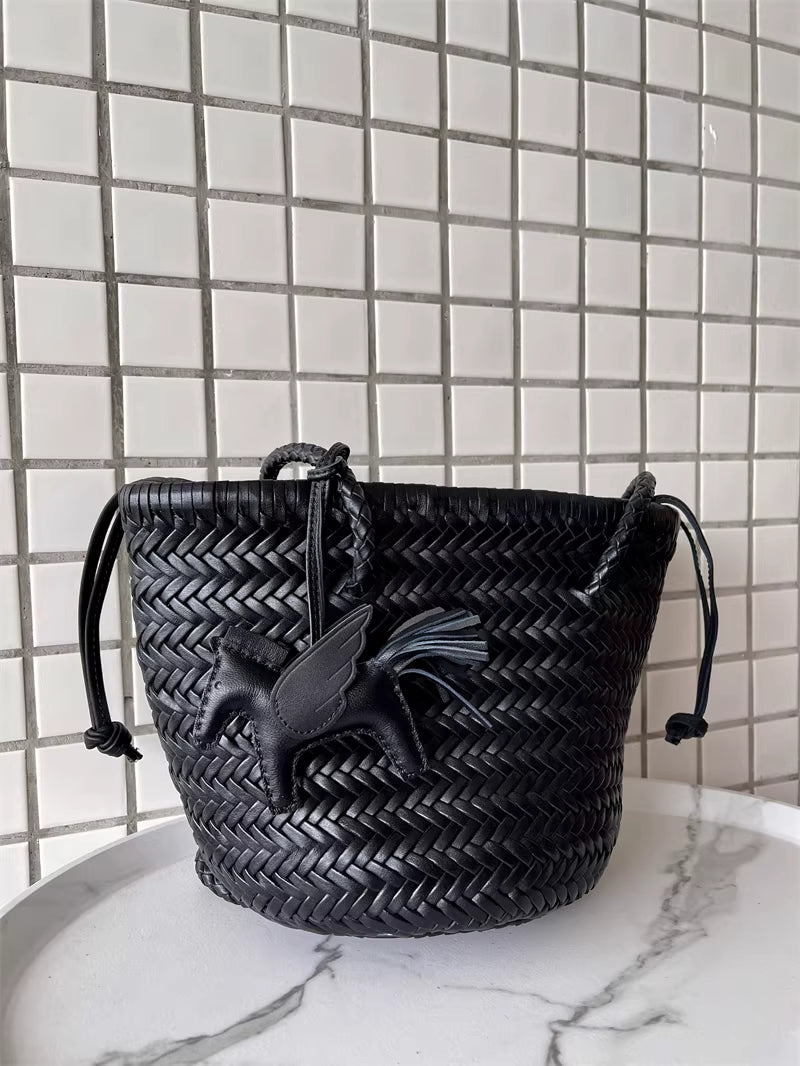 Hand-Woven Cowhide Leather Bucket Bag | Women's Braided Drawstring Basket Purse