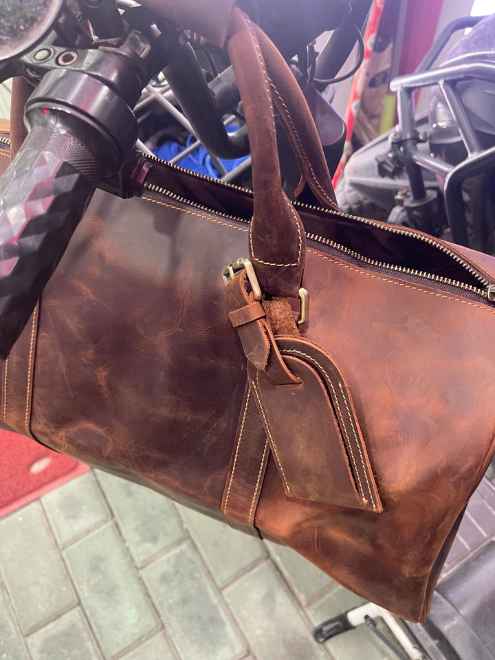 Men’s Full Grain Leather Travel Duffel, Large Crazy Horse Leather Carry-On Bag for Business, Leather Weekender, Camping & Short Trips