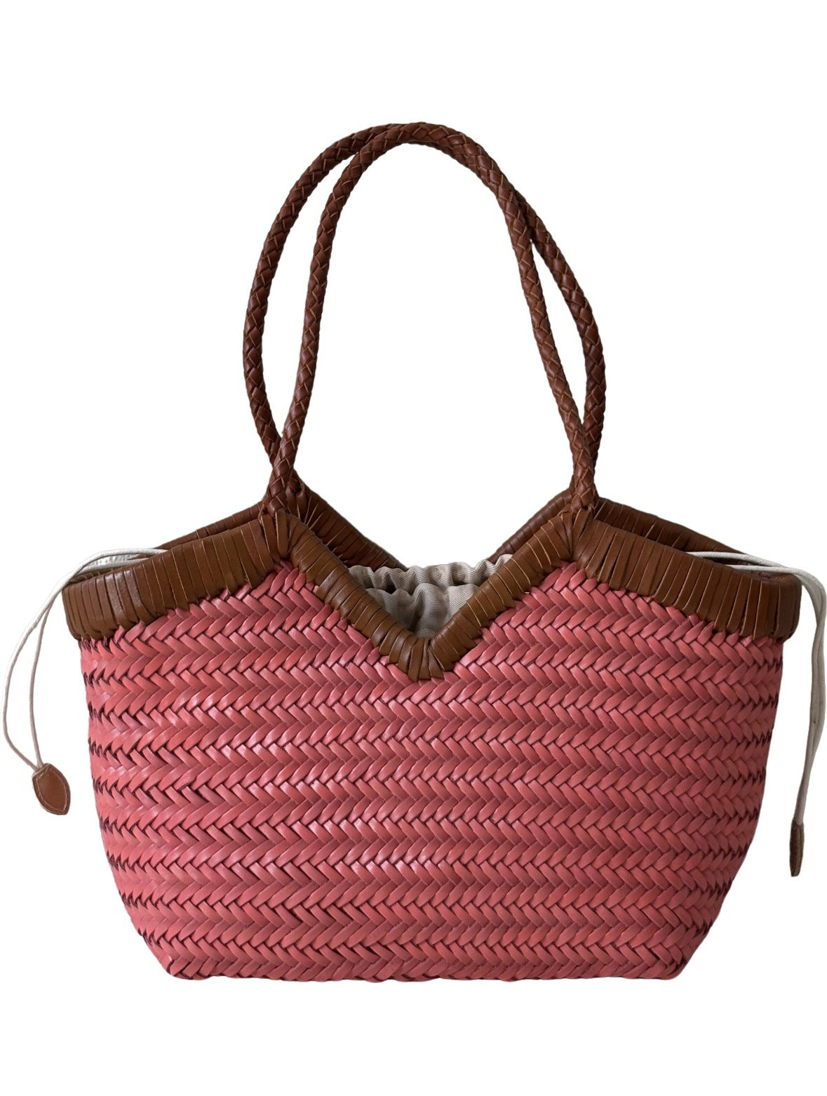 Handwoven Full Grain Cowhide Leather Basket Tote | V-Cut Rim Leather Shoulder Bag | Summer Beach Bag in Two Sizes