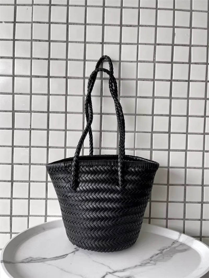 Hand-Woven Cowhide Leather Bucket Bag | Women's Braided Drawstring Basket Purse