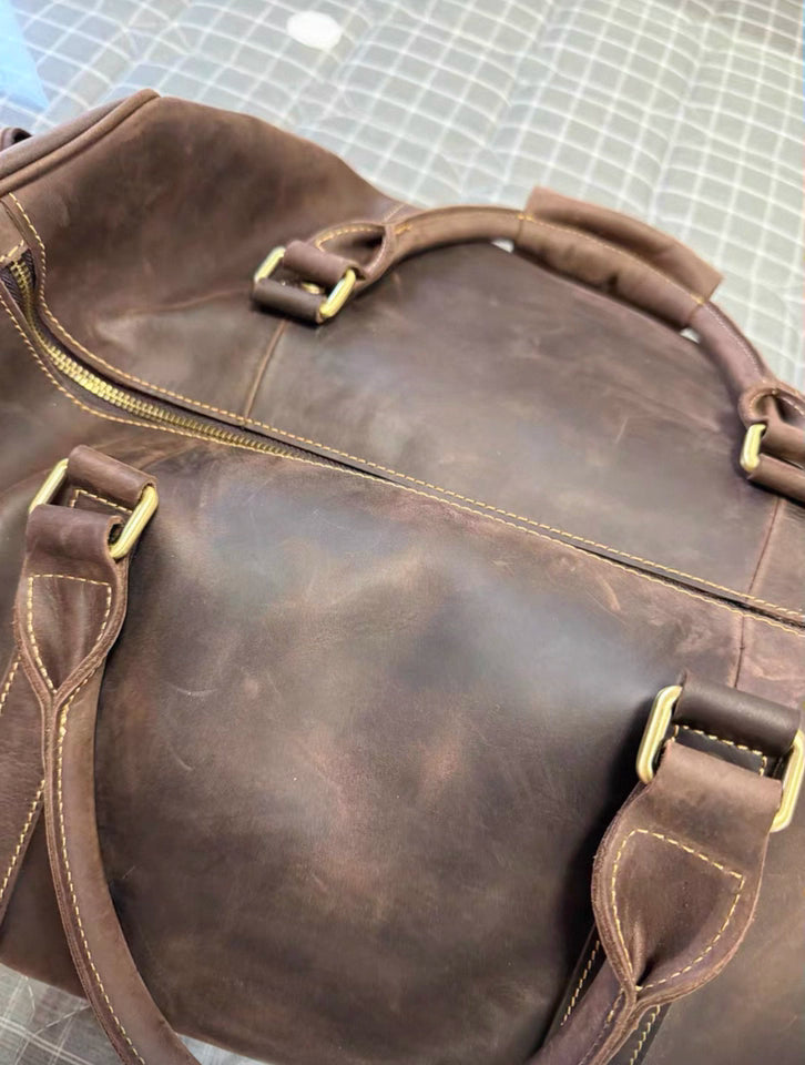 Men’s Full Grain Leather Travel Duffel, Large Crazy Horse Leather Carry-On Bag for Business, Leather Weekender, Camping & Short Trips