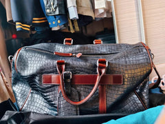 Luxury Men’s Italian Full Grain Leather Duffle Bag, Handmade Premium Crocodile Pattern Weekender Bag for Travel & Business