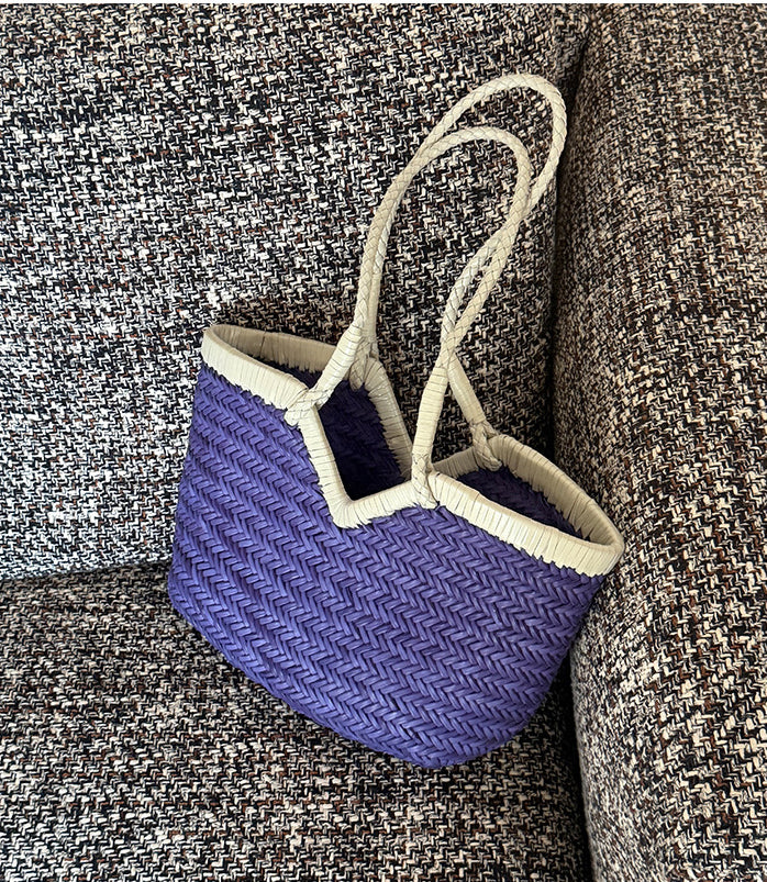 Handwoven Full Grain Cowhide Leather Basket Tote | V-Cut Rim Leather Shoulder Bag | Summer Beach Bag in Two Sizes