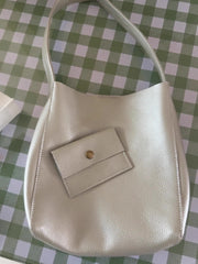 Minimalist Pebbled Cowhide Leather Bucket  Bag, Wide Shoulder Strap Bucket Bag
