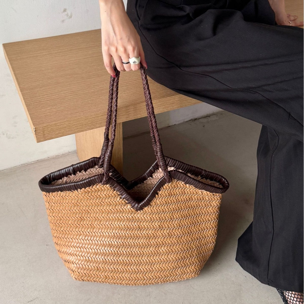 Handwoven Full Grain Cowhide Leather Basket Tote | V-Cut Rim Leather Shoulder Bag | Summer Beach Bag in Two Sizes