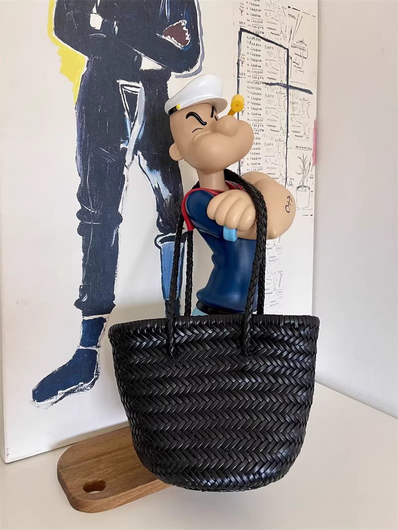 Hand-Woven Cowhide Leather Bucket Bag | Women's Braided Drawstring Basket Purse