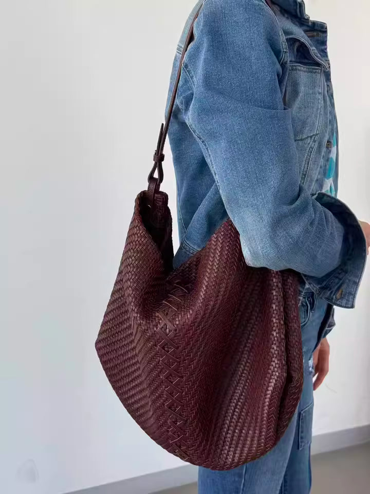 Handwoven Full Grain Leather Hobo Bag | Slouchy Large Shoulder Tote