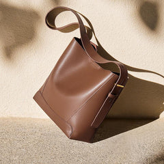 Minimalist Bucket Bag in Genuine Leather | Leather Shoulder Bag Gold Tone, Chic Crossbody Bag, Gift for Her